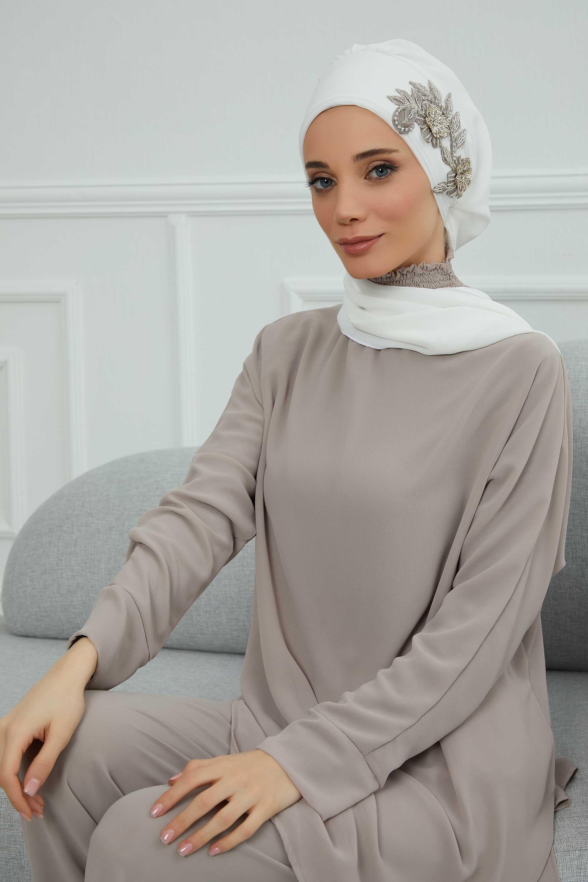 Yandan Taş Çiçek Aksesuarlı Şifon Hazır Türban,HT-104,HT-104