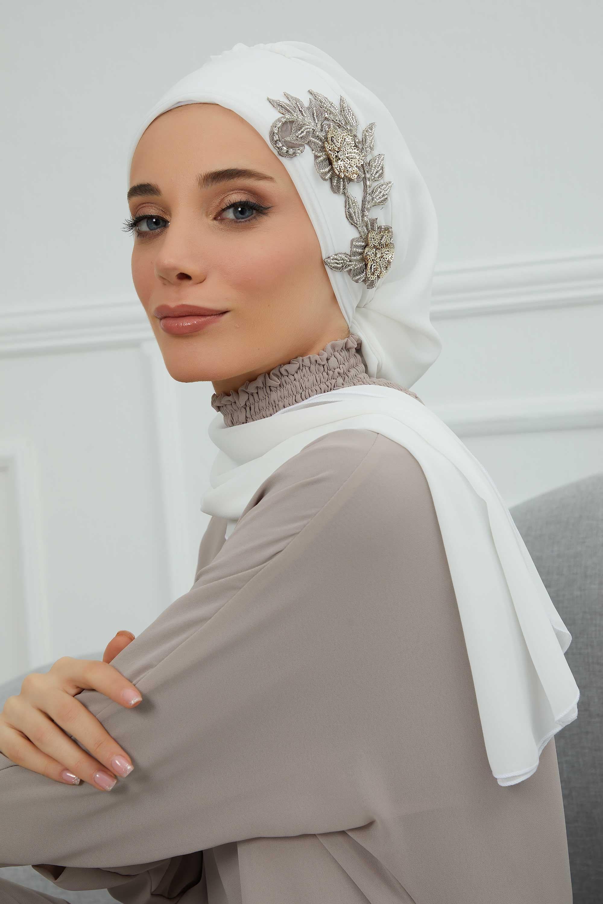 Yandan Taş Çiçek Aksesuarlı Şifon Hazır Türban,HT-104,HT-104