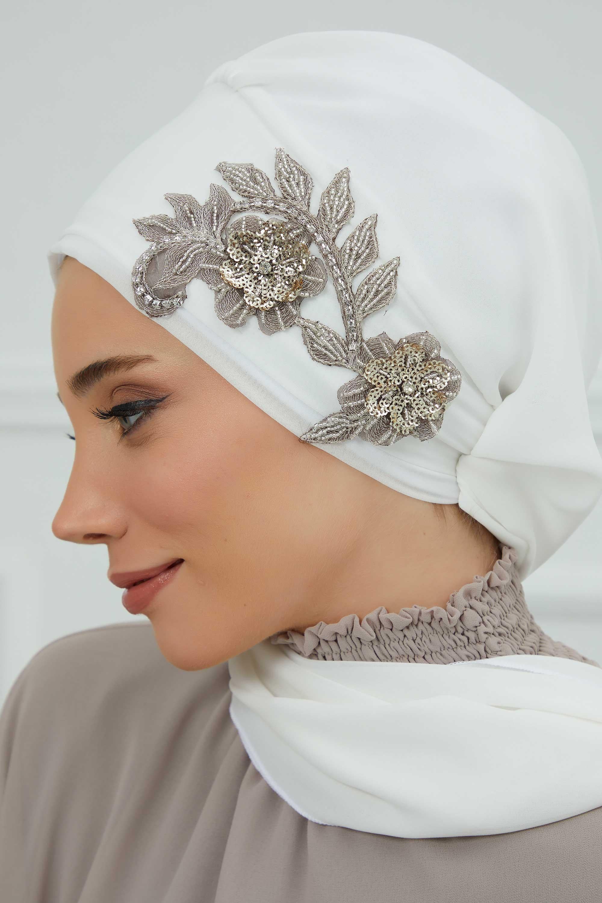 Yandan Taş Çiçek Aksesuarlı Şifon Hazır Türban,HT-104,HT-104