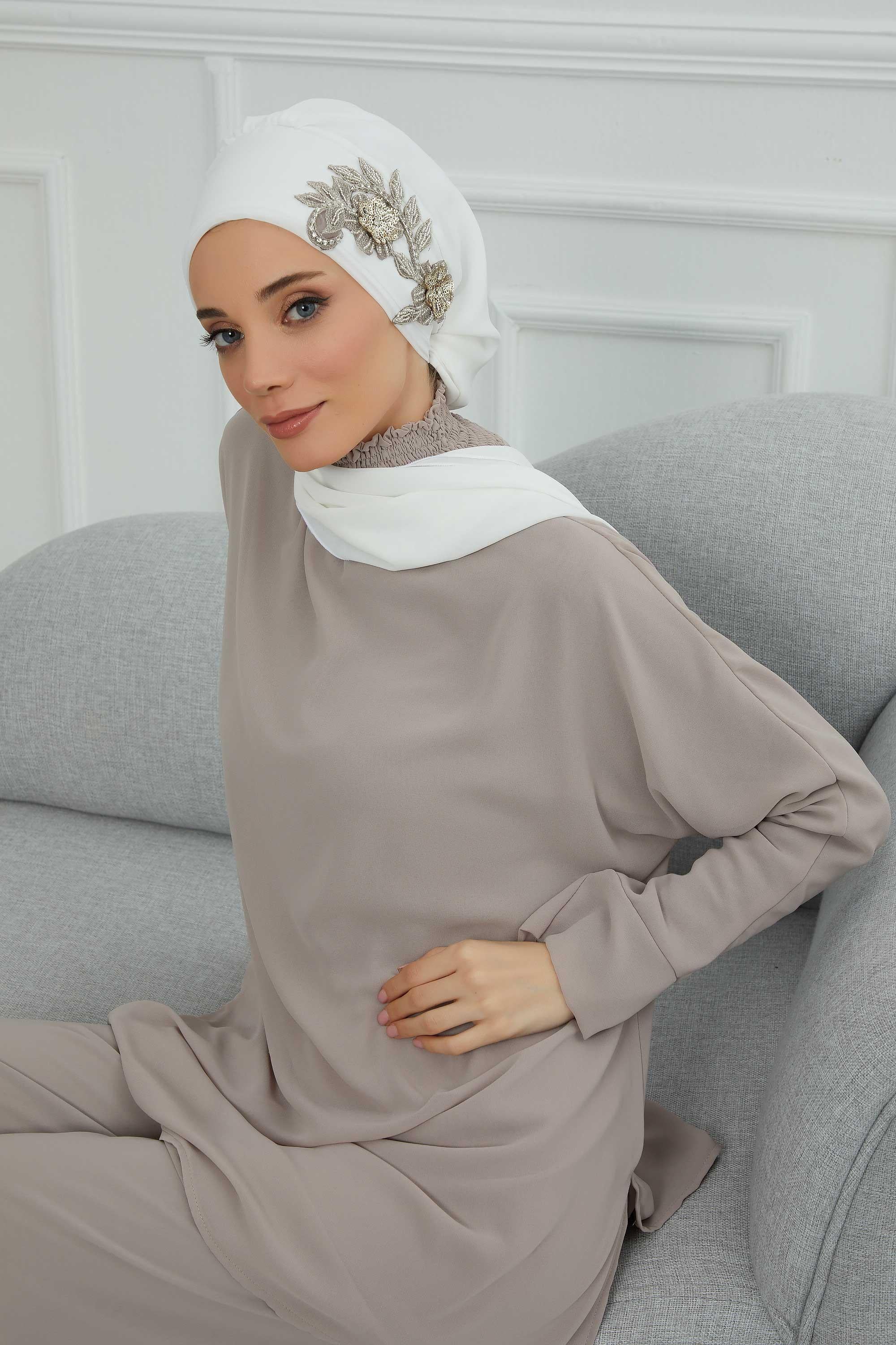 Yandan Taş Çiçek Aksesuarlı Şifon Hazır Türban,HT-104,HT-104