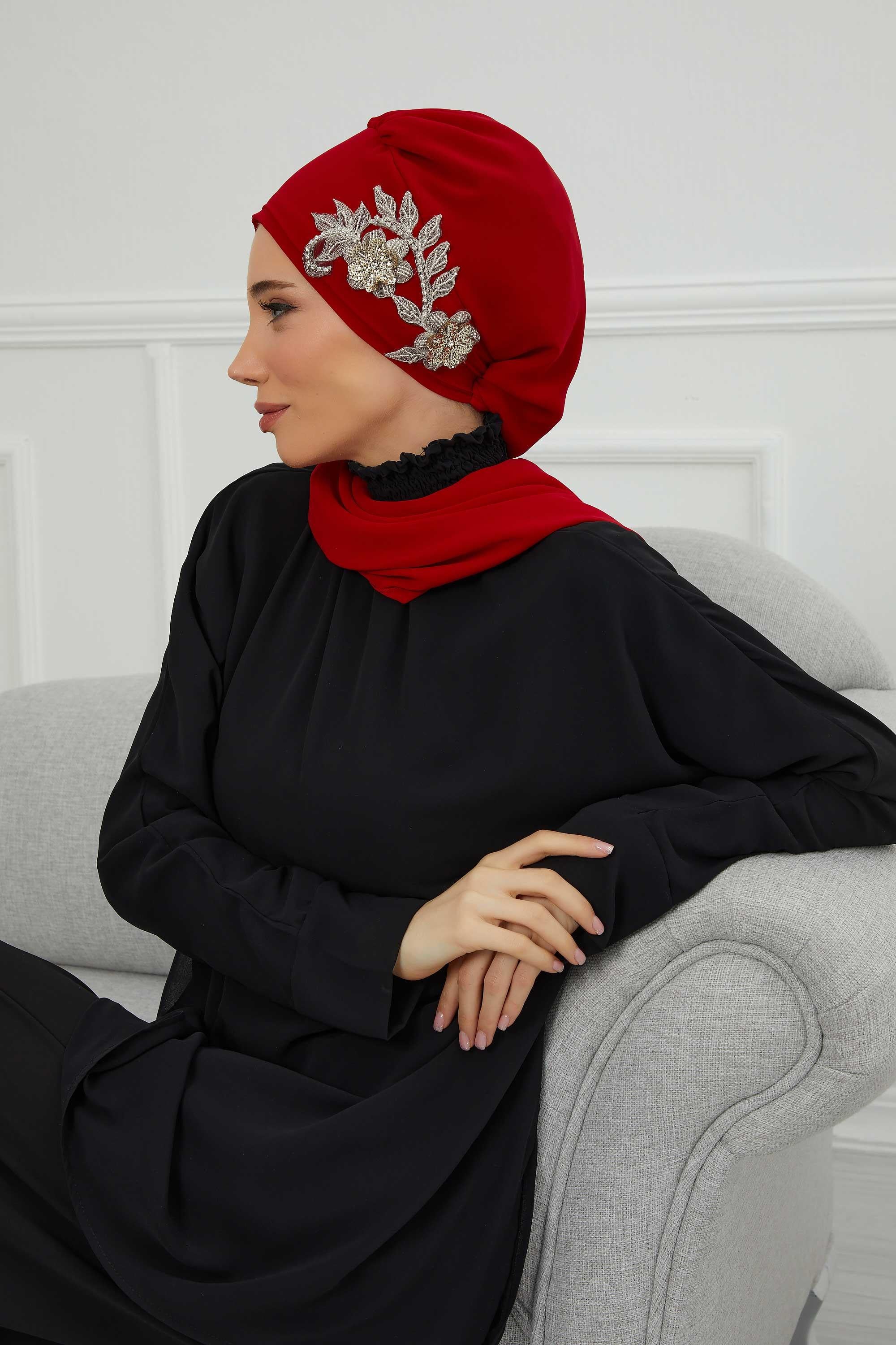 Yandan Taş Çiçek Aksesuarlı Şifon Hazır Türban,HT-104,HT-104