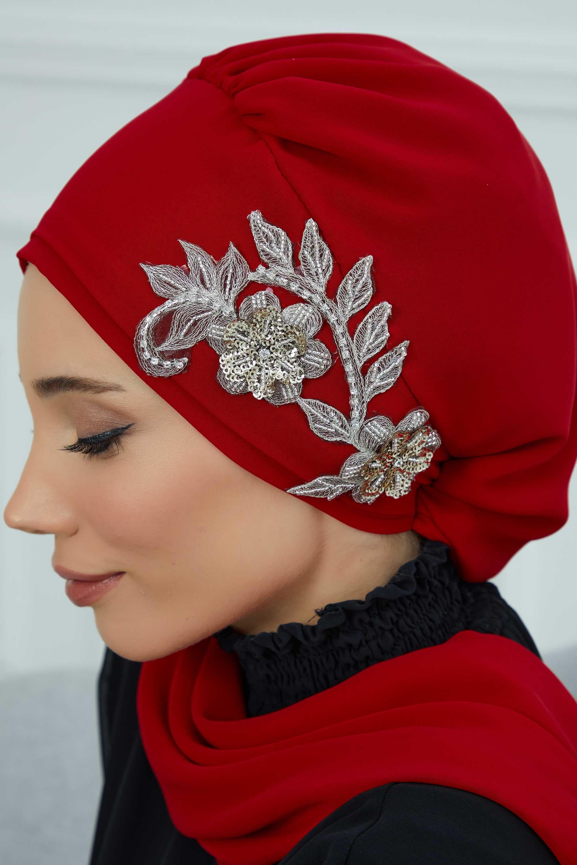 Yandan Taş Çiçek Aksesuarlı Şifon Hazır Türban,HT-104,HT-104
