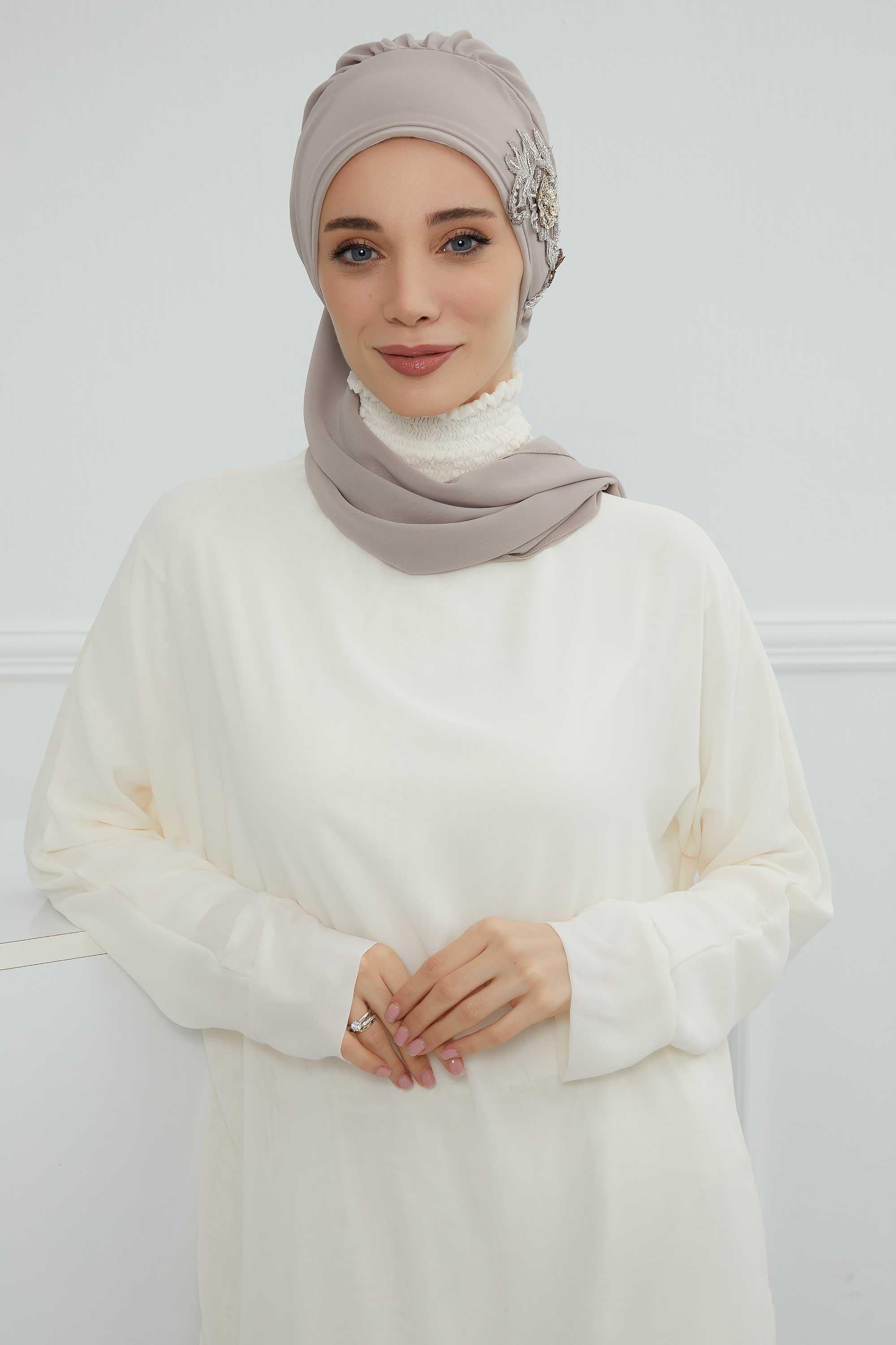 Yandan Taş Çiçek Aksesuarlı Şifon Hazır Türban,HT-104,HT-104