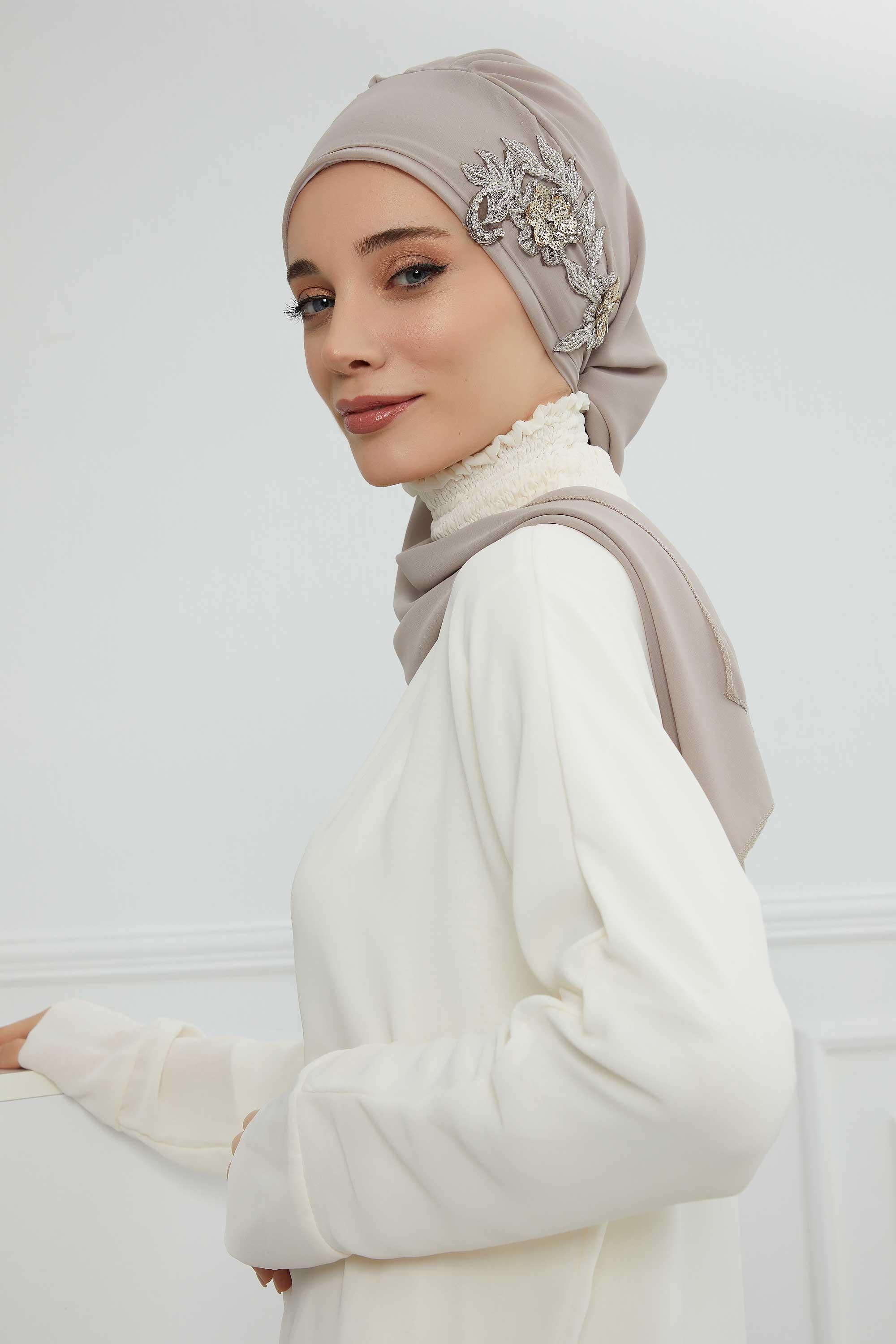 Yandan Taş Çiçek Aksesuarlı Şifon Hazır Türban,HT-104,HT-104