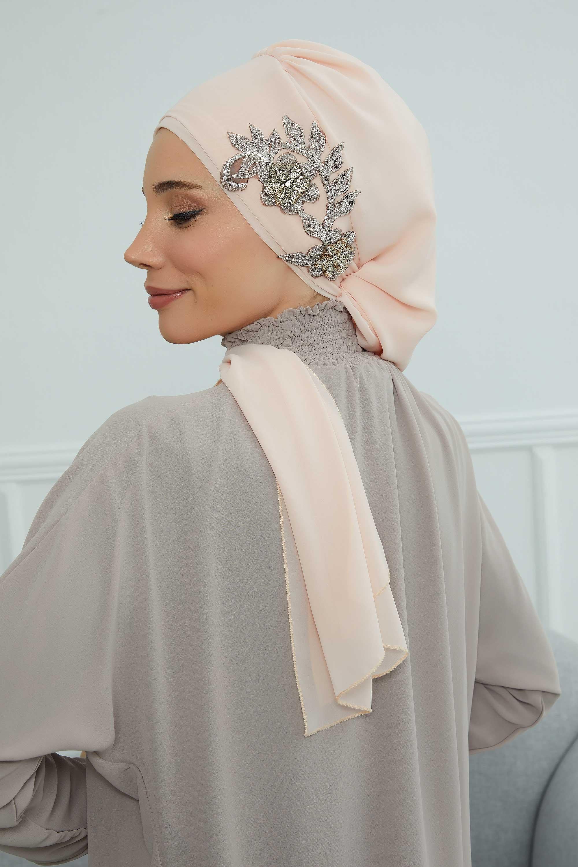 Yandan Taş Çiçek Aksesuarlı Şifon Hazır Türban,HT-104,HT-104