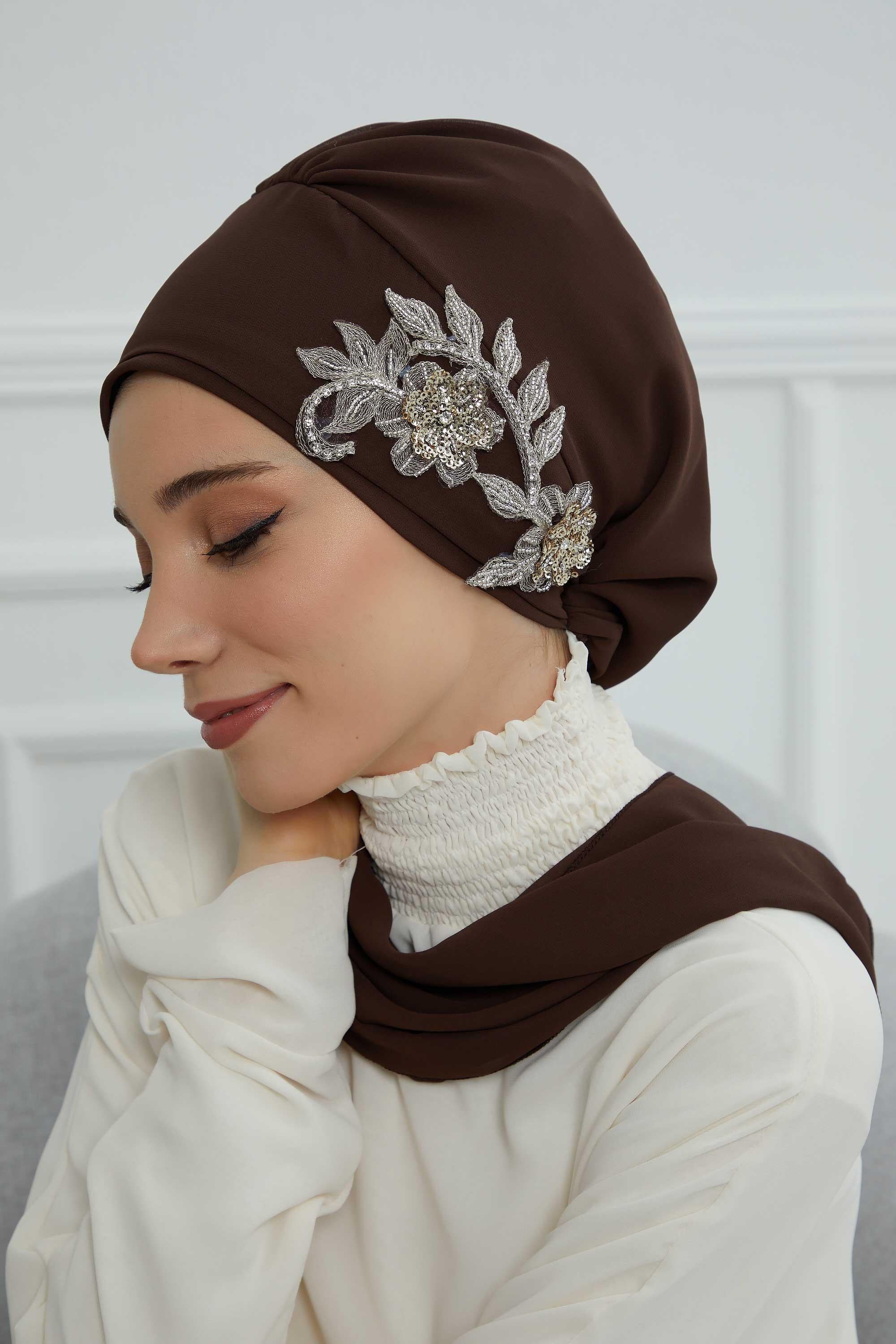Yandan Taş Çiçek Aksesuarlı Şifon Hazır Türban,HT-104,HT-104