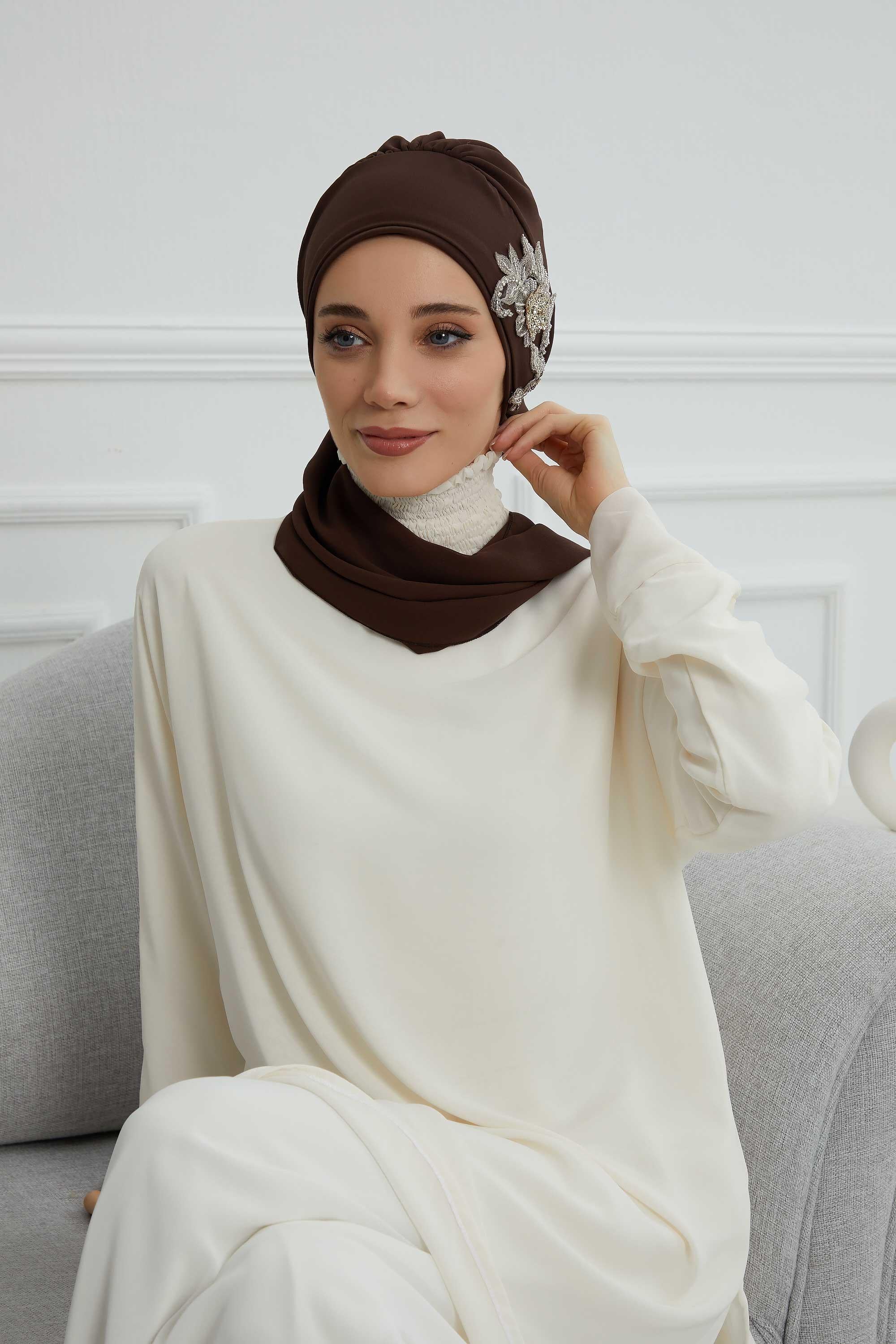 Yandan Taş Çiçek Aksesuarlı Şifon Hazır Türban,HT-104,HT-104