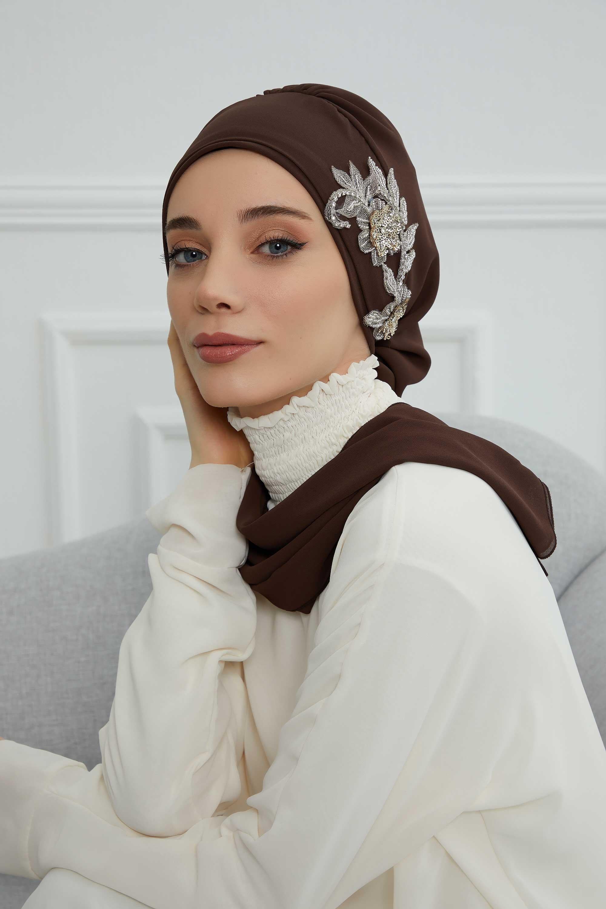 Yandan Taş Çiçek Aksesuarlı Şifon Hazır Türban,HT-104,HT-104