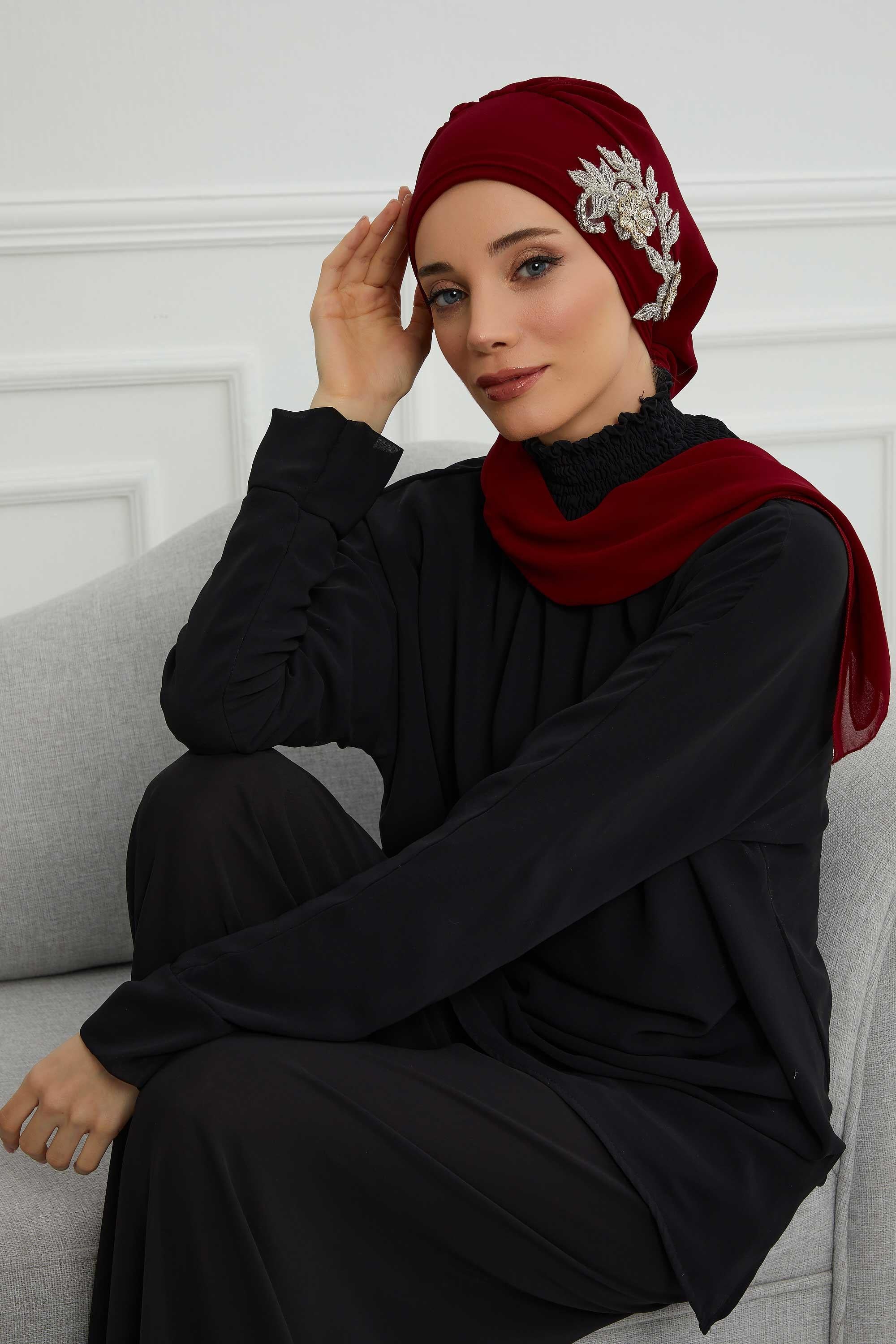 Yandan Taş Çiçek Aksesuarlı Şifon Hazır Türban,HT-104,HT-104