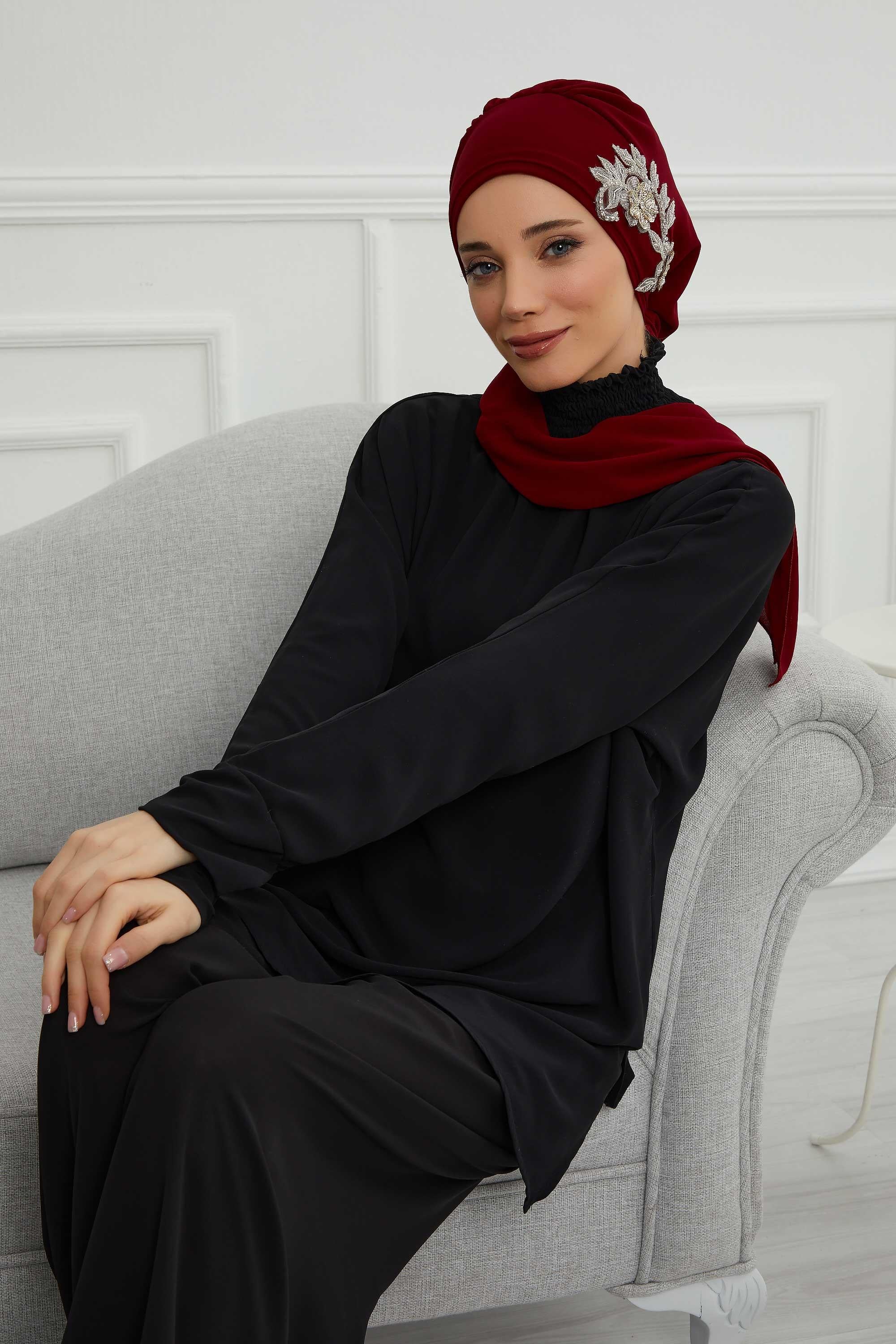 Yandan Taş Çiçek Aksesuarlı Şifon Hazır Türban,HT-104,HT-104